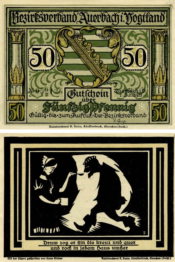 Коллекционная банкнота Германия Нотгельд 50 пфеннигов 1921 F-VF Ауэрбах Разновидность 1 (Б18781)