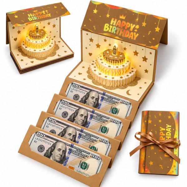 Открытка с отделениями для денег Happy Birthday с объемным тортом внутри и подсветкой (38491585)