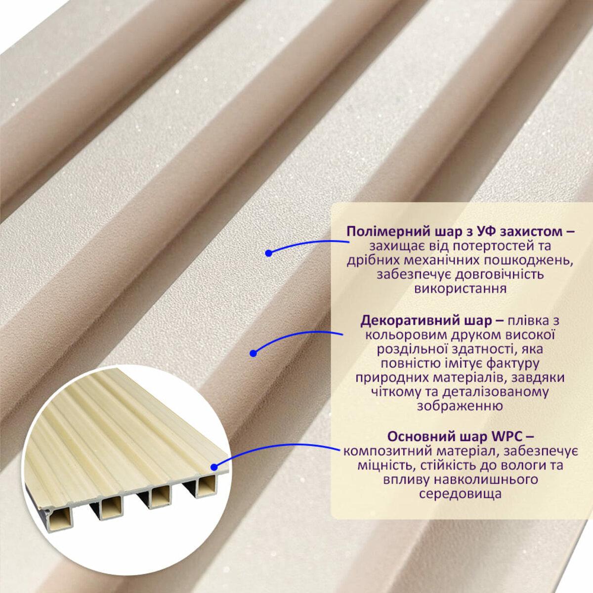 Рельс декоративный WPC стеновой 3000х160х23 мм Молочный (SW-00001858) - фото 2