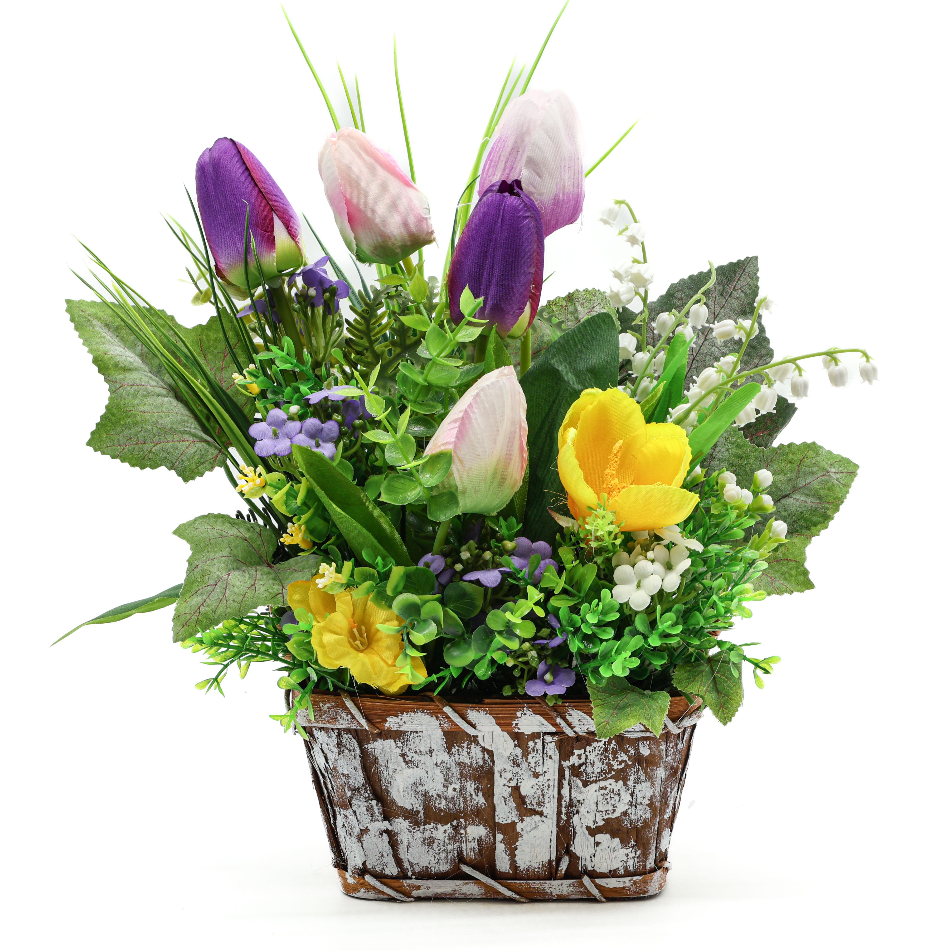 Композиция Пасхи Gala Decor с искусственными цветами в деревянном кашпо (KД2530)