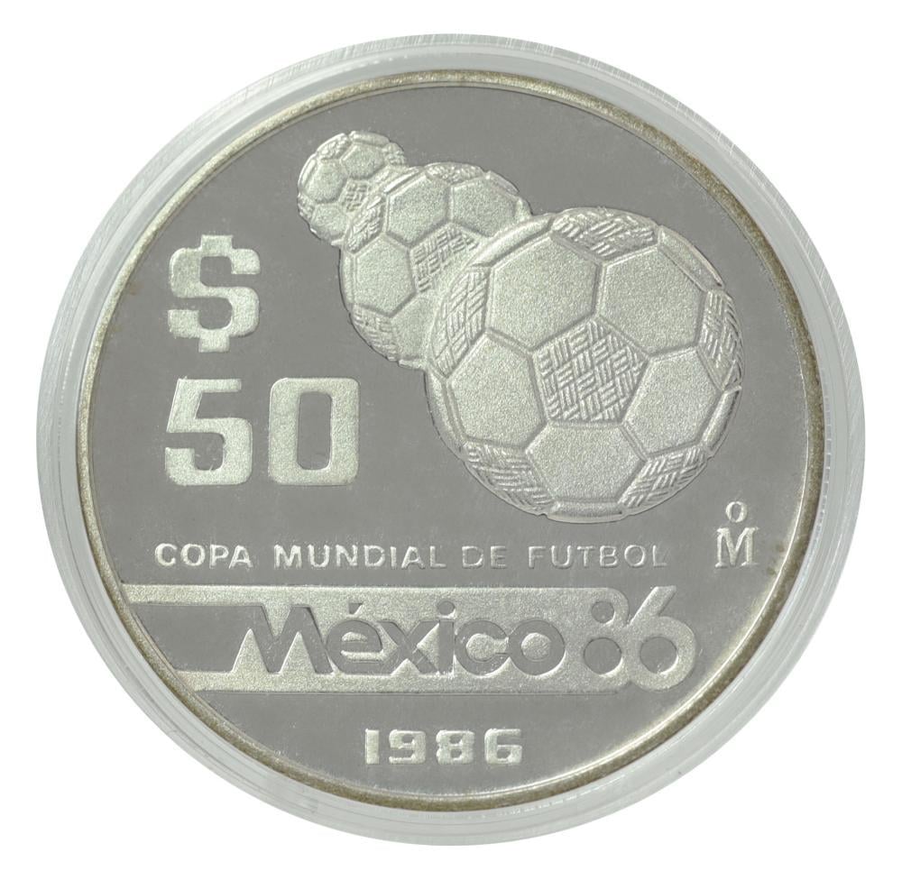 Коллекционная монета Мексика 50 песо 1986 серебро Proof Чемпионат мира по футболу в Мексике 1986 года-Мячи (М22167)