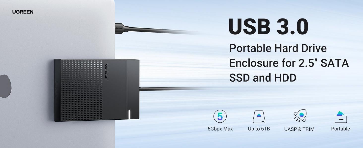 Корпус UGREEN для SSD/HDD 2,5"/5 Гбіт/с SATA III з USB кабелем 0,5 м Чорний (30719) - фото 10 Корпус UGREEN для SSD/HDD 2,5"/5 Гбіт/с SATA III з USB кабелем 0,5 м Чорний (30719) - фото 10