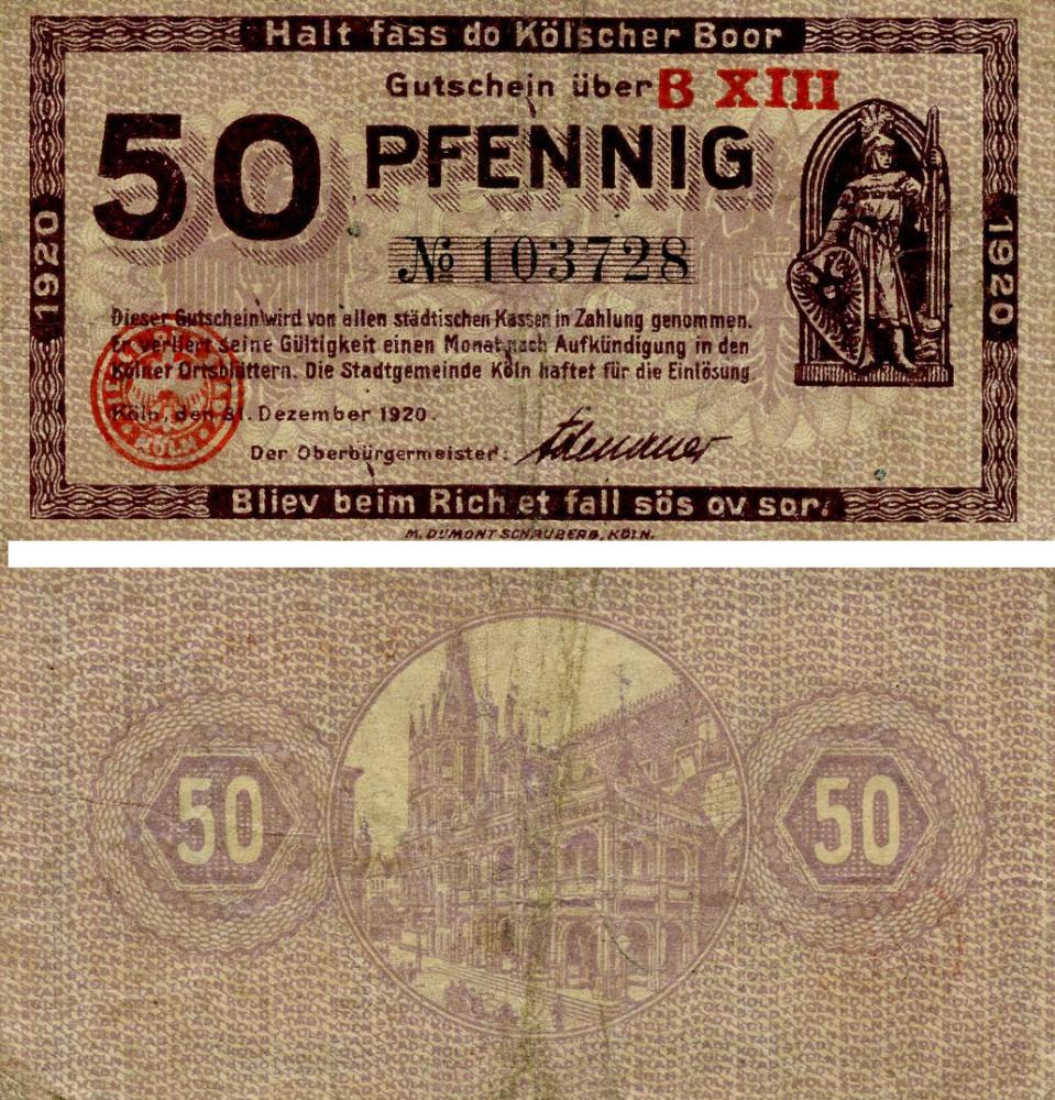 Коллекционная банкнота Германия Нотгельд 50 пфеннигов 1920 F-VF Кельн Разновидность 2 (Б18691)