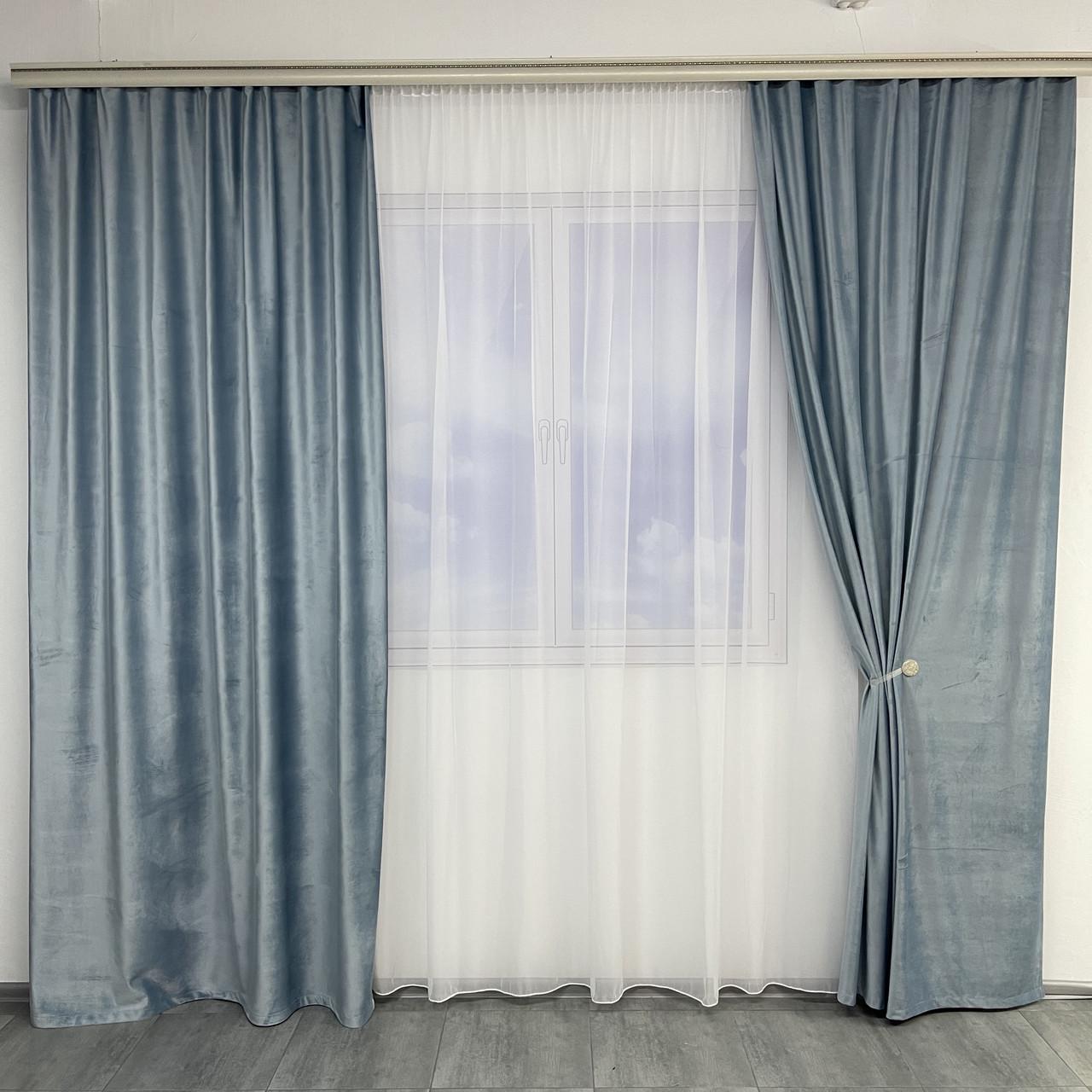 Шторы готовые бархатные однотонные с тюлем Голубой (SHTN-915-21)