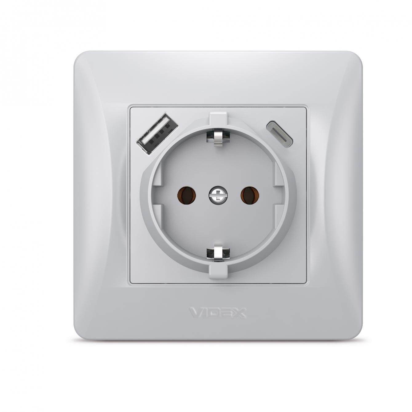 Розетка Vіdех Bіnеrа одинарна та USB/USB-C із заземленням Срібний (22551120)