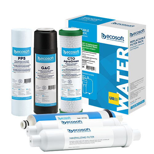 Комплект картриджей для фільтра зворотного осмосу Ecosoft Absolute з функцією економії води та з мінералізатором 6 шт. (ABSAGR6DOW)