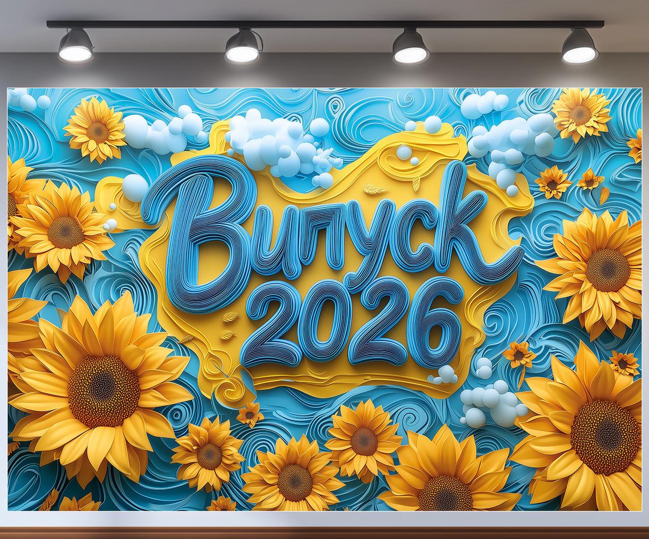 Баннер для фотозоны "Випускний 2026" патриотическая с объемными подсолнечниками в сине-желтом цвете 300x200 см №41308