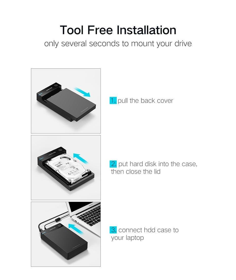 Корпус UGREEN для SSD/HDD 3,5 и 2,5 дюймовых/5 Гбит/с USB 3.0 до SATA III с кабелем USB-Micro-USB Type-B 3.0 Micro-B Черный (50422) - фото 12