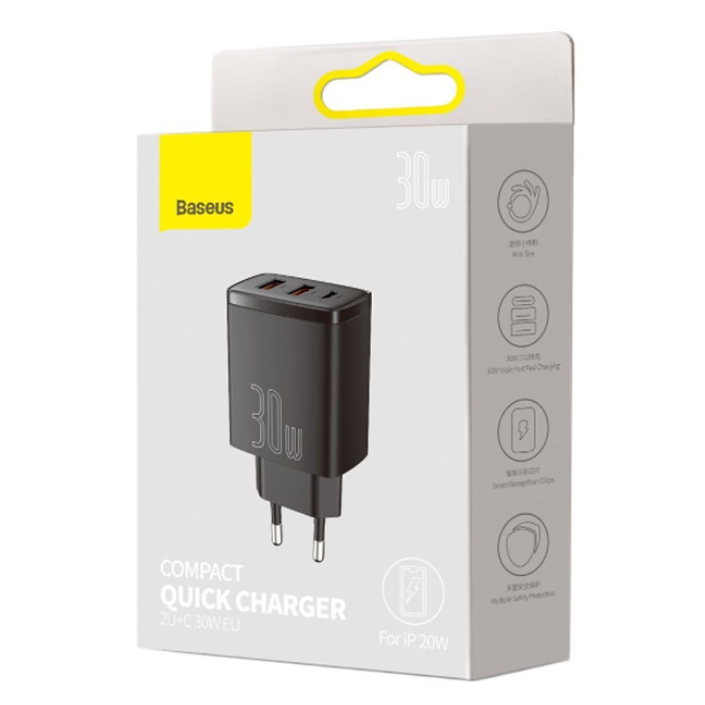 Зарядний пристрій BASEUS Compact Quick Charger 30 W QC PD 1Type-C 2USB Black - фото 2