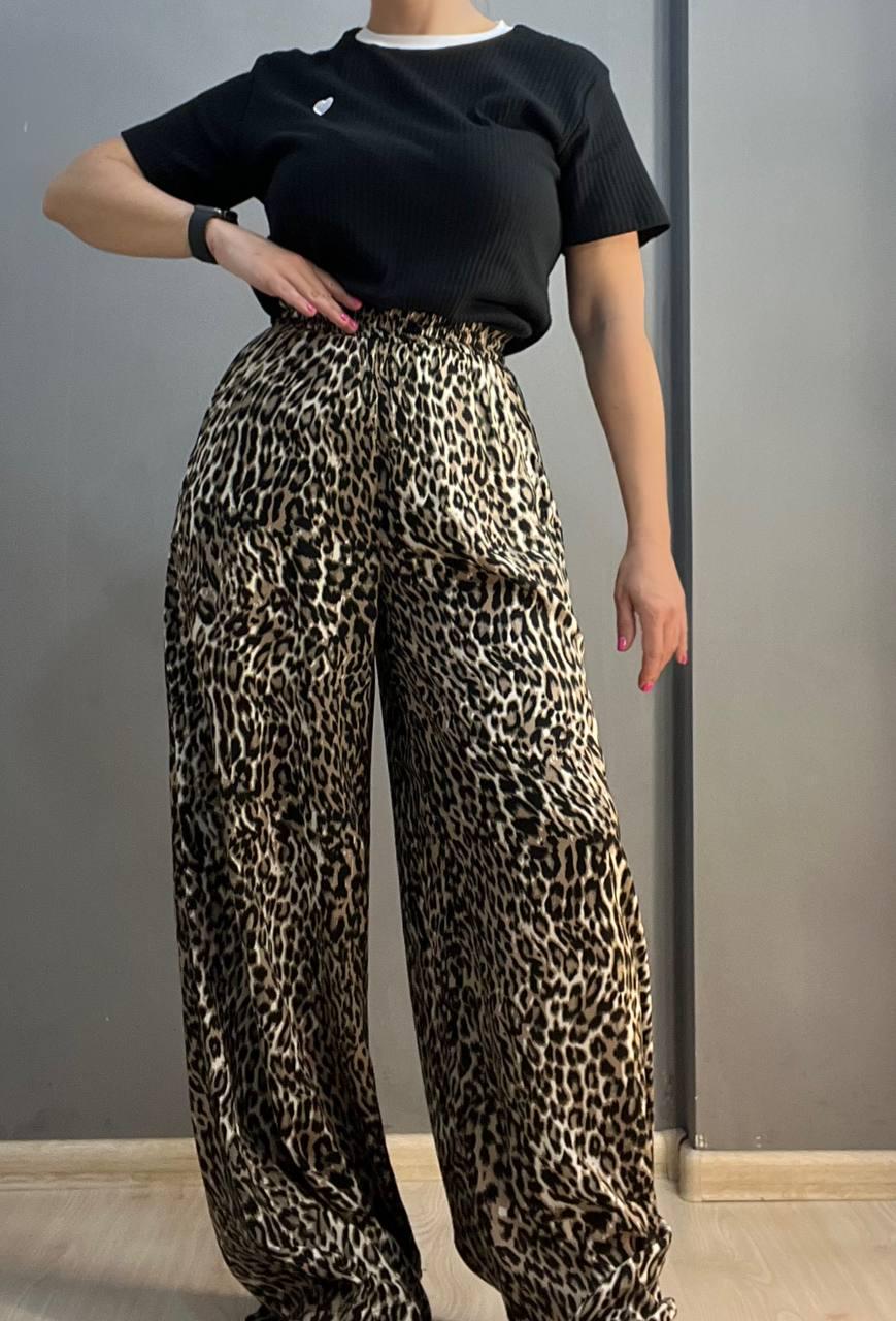 Брюки женские Irel 2080 пояс резинка леопардовый принт широкие палаццо OS Темно-коричневый (2104) - фото 5 Брюки женские Irel 2080 пояс резинка леопардовый принт широкие палаццо OS Темно-коричневый (2104) - фото 5