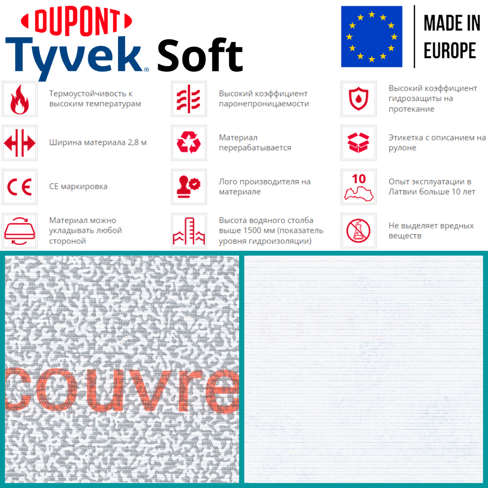 Мембрана супердифузійна Tyvek Soft 1,5x50 м 75 м2 60 г/м2 (310007) - фото 13