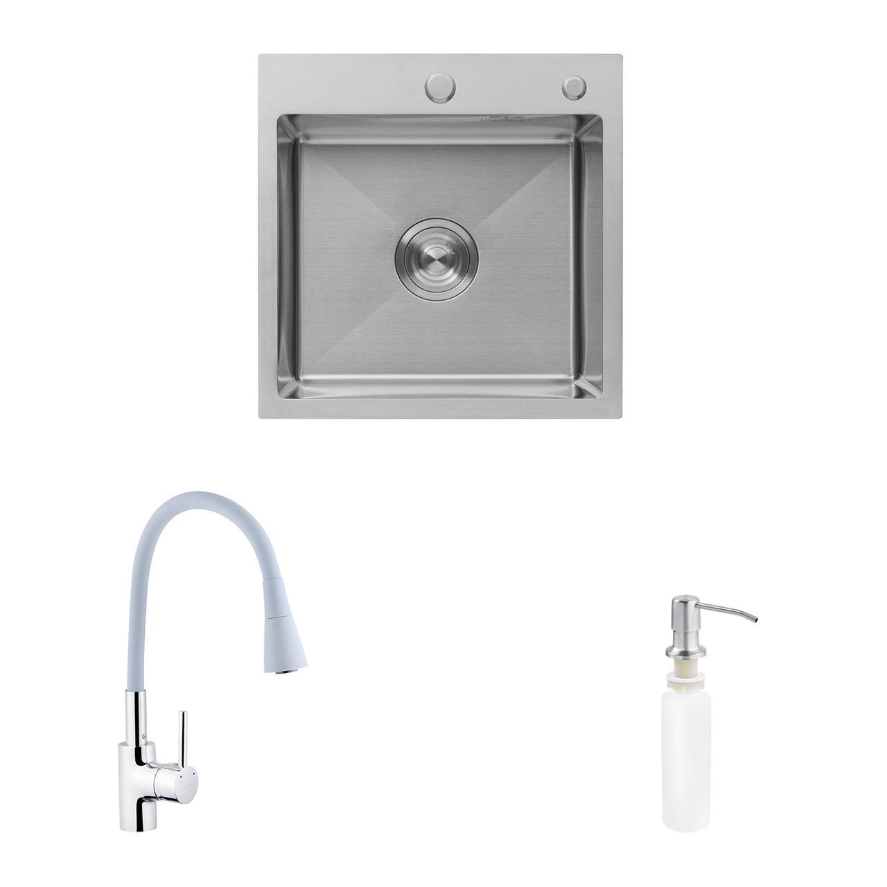 Комплект кухонна мийка Kroner Gebürstet-5050HM/змішувач Küche-C031GRA/дозатор Spender-016 (2669564676)