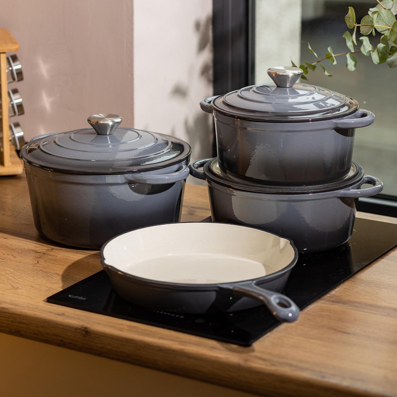 Набор чугунной посуды 3 кастрюли и сковорода с эмалированным покрытием Серый Набор чугунной посуды 3 кастрюли и сковорода с эмалированным покрытием Серый