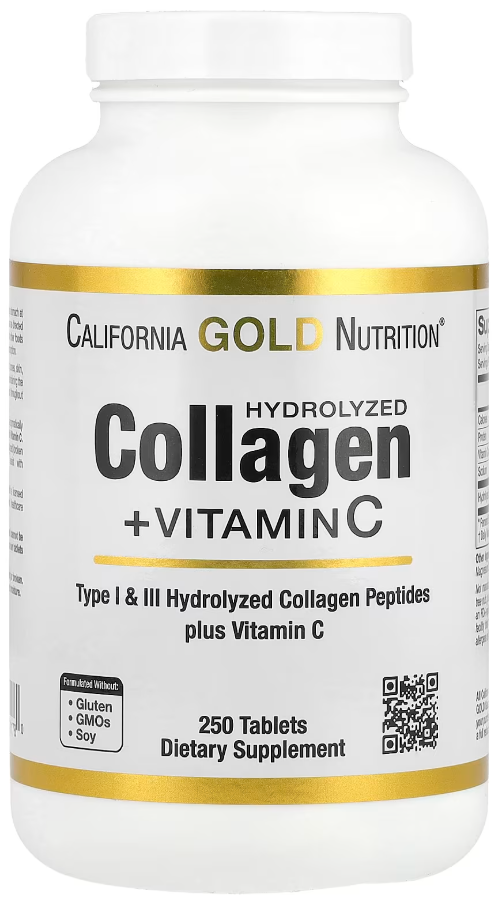 Пептиды гидролизованного коллагена с витамином C 1 и 2 типа California Gold Nutrition Hydrolyzed Collagen Peptides Vitamin C Type 1 and 3 250 таблеток