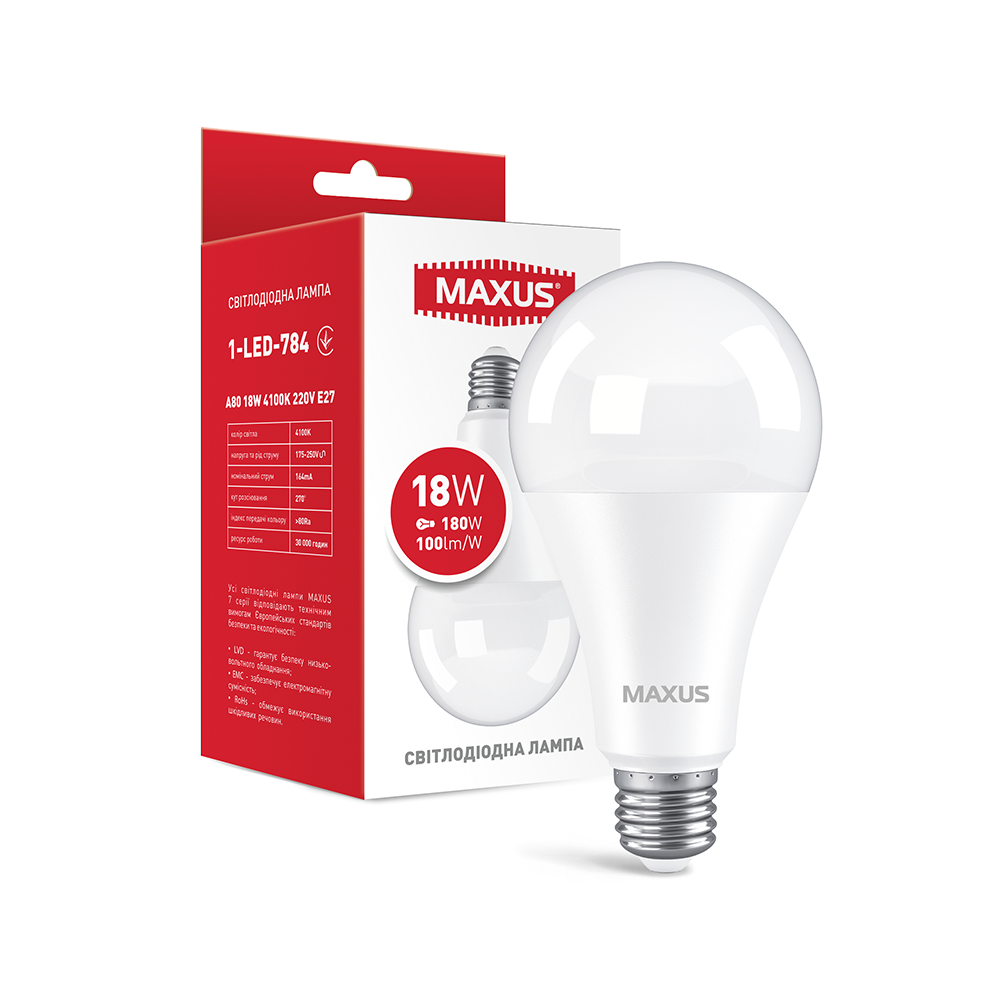 Світлодіодна лампа Maxus 1-LED-784 A80 18W 4100K E27 (27829861)