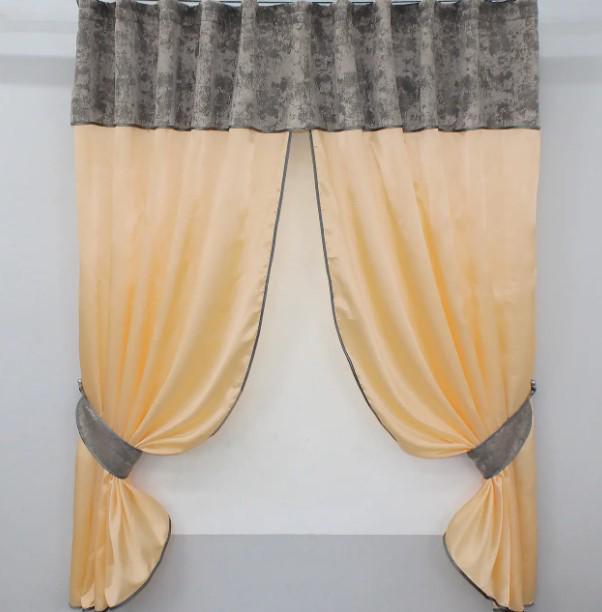 Шторки на кухню/балкон с ламбрекеном 270х170 см Персиковый/Серо-пудровый (073к)