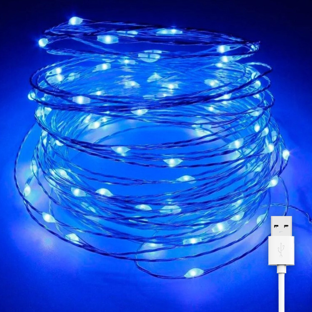 Гірлянда світлодіодна нитка Роса від USB 200 LED 8 режимів IP44 20 м Синій - фото 1 Гірлянда світлодіодна нитка Роса від USB 200 LED 8 режимів IP44 20 м Синій - фото 1