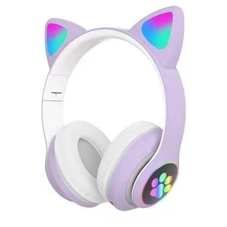 Наушники беспроводные детские Мяу Cat с LED ушками на Bluetooth с микрофоном/AUX кабель Лавандовый (300-4-3)