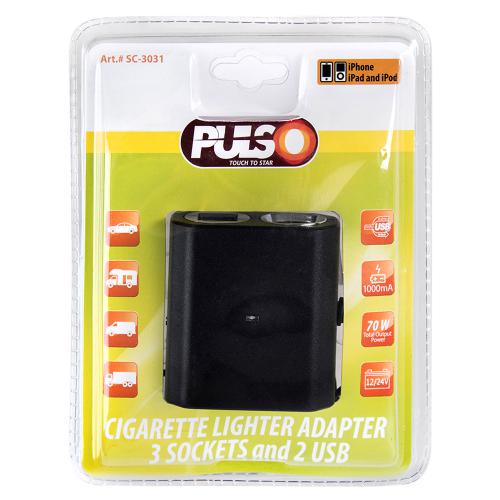 Разветвитель прикуривателя PULSO 3 2USB 1000 mA 12/24 V SC-3031 - фото 2