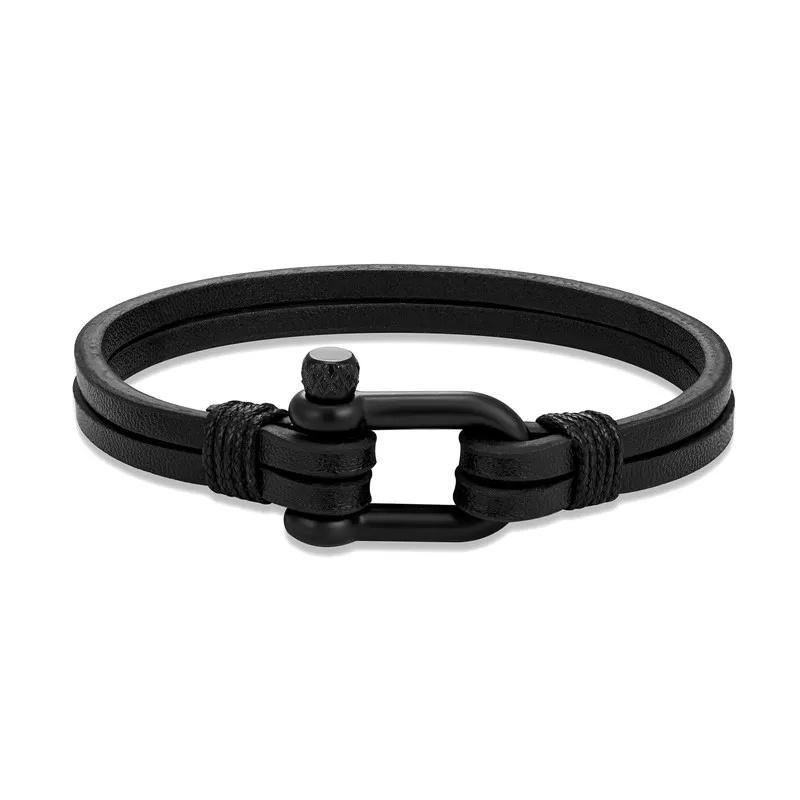 Браслет кожаный Wuke унисекс двойной с карабином Черный