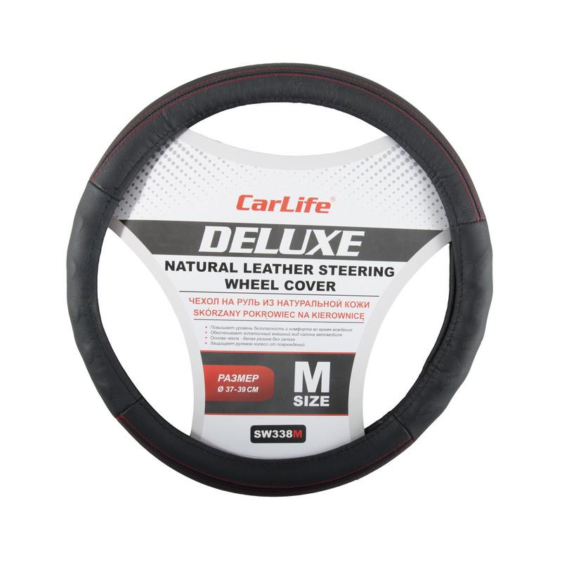 Чехол на руль CarLife Delux кожаный 37-39 см Черный (SW338M)