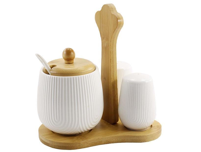 Набор фарфоровый Interos сахарница/солонка/перечница на бамбуковой подставке 3 пр. (PJ03433) Набор фарфоровый Interos сахарница/солонка/перечница на бамбуковой подставке 3 пр. (PJ03433)