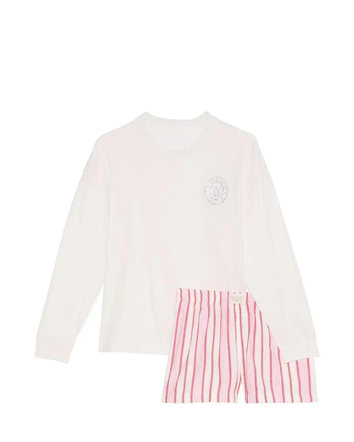 Піжама фланелева світшот/шорти Victoria's Secret Flannel Long-Sleeve Tee-Jama Set S Білий (26811524D) - фото 2