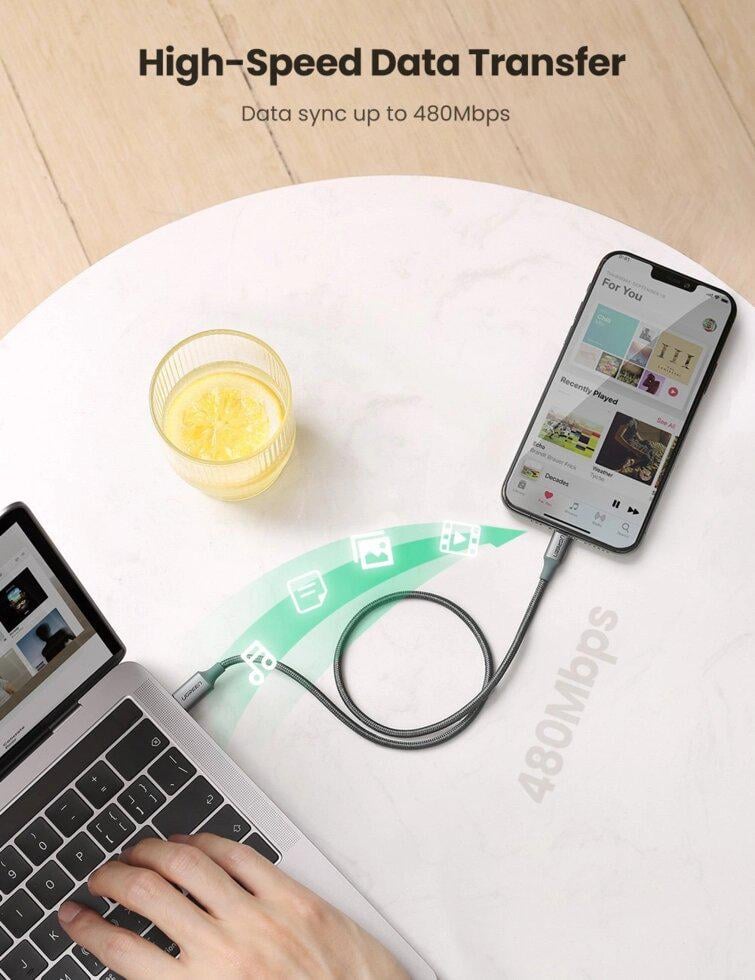 Кабель UGREEN US304 Lightning to USB-C MFi Braided Aluminum 1 м (60759) - фото 6 Кабель UGREEN US304 Lightning to USB-C MFi Braided Aluminum 1 м (60759) - фото 6