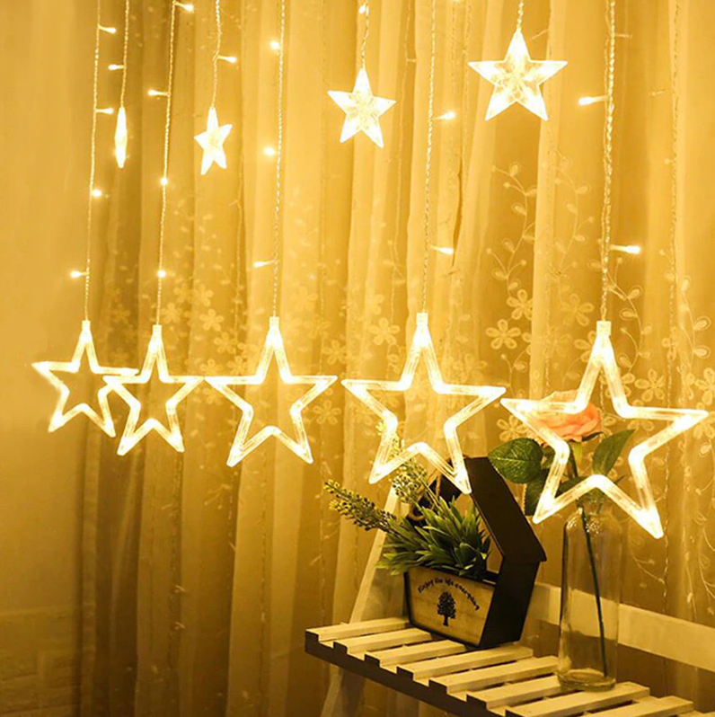 Гирлянда-бахрома штора звезды 12 звезд LED 3х1 м с переходником теплый Белый (МХ-00005807) - фото 6 Гирлянда-бахрома штора звезды 12 звезд LED 3х1 м с переходником теплый Белый (МХ-00005807) - фото 6