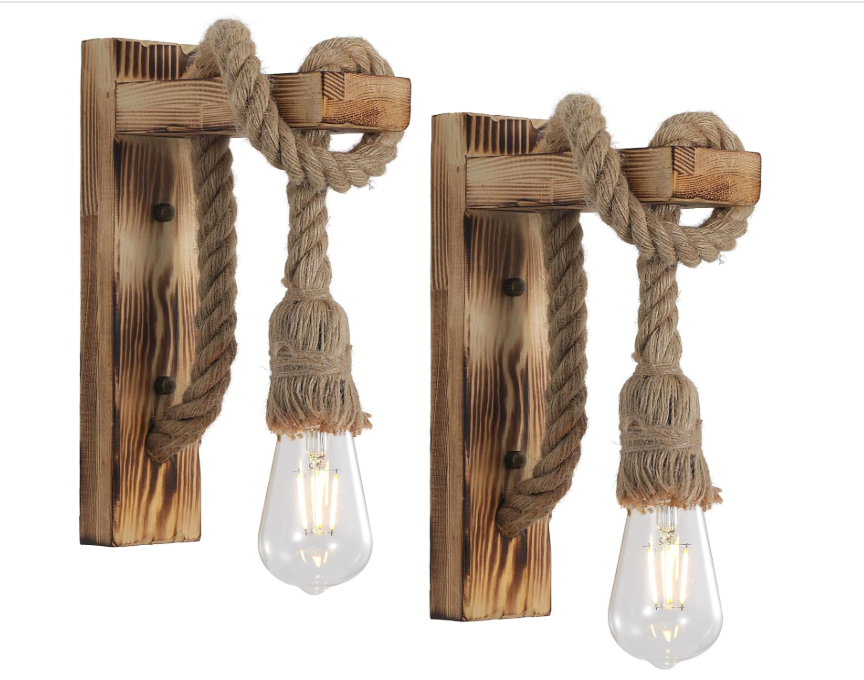 Комплект настенных светильников Rustic Wall Lamp Farmhouse деревянный бра с джутовой веревкой 2 шт. (3163961095)