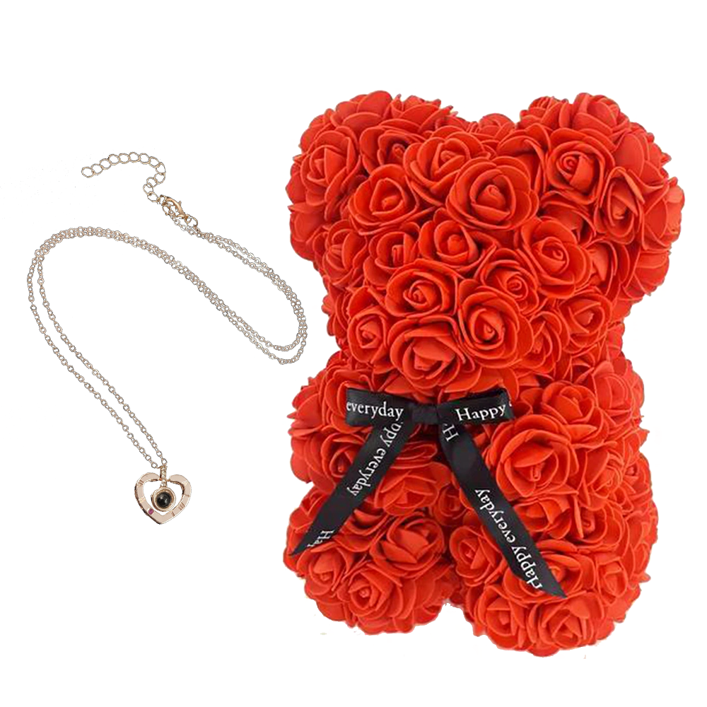 Мишка из красных роз 3D Teddy Flower 25 см + кулон I Love You Красный