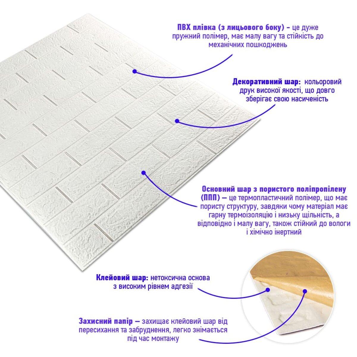 Панель самоклеюча у формі цегли 001-3 700х770х3 мм Білий SW-00000174 - фото 2 Панель самоклеюча у формі цегли 001-3 700х770х3 мм Білий SW-00000174 - фото 2