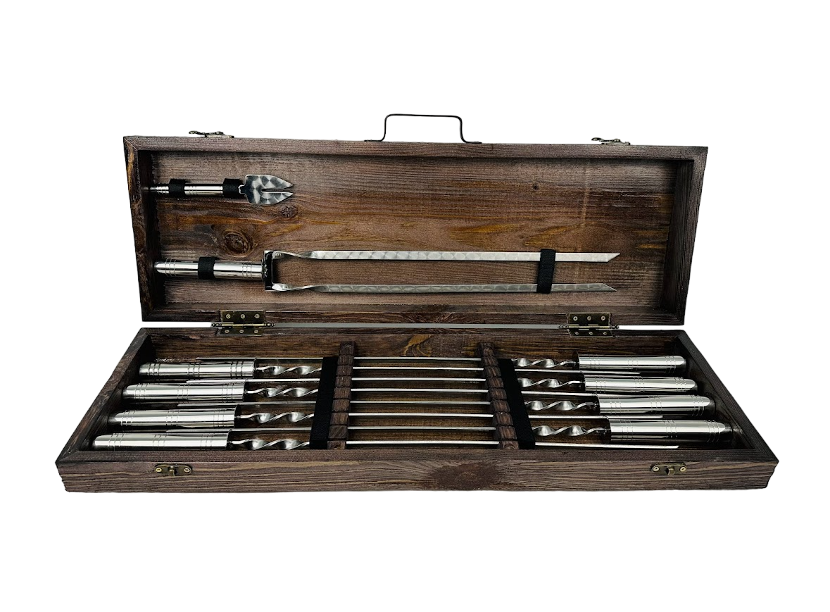 Набор шампуров подарочный Серебро в деревянном кейсе на 10 предметов (106-10-KS-7611)