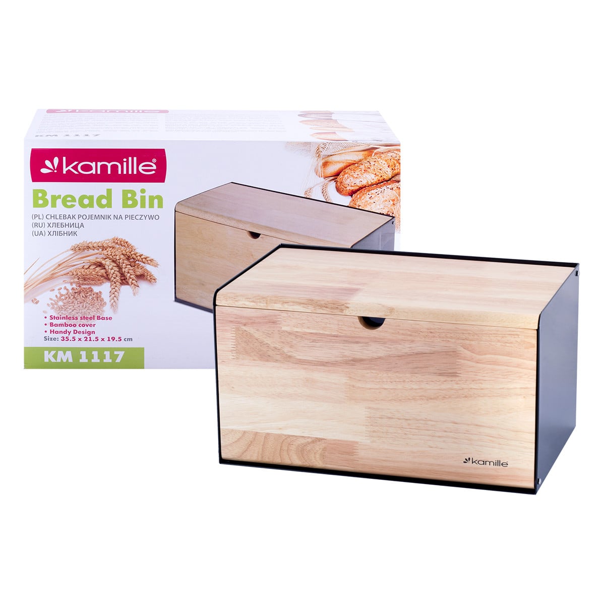 Хлебница Kamille 35,5 см из нержавеющей стали с откидной  крышкой на магните из дерева KM-1117