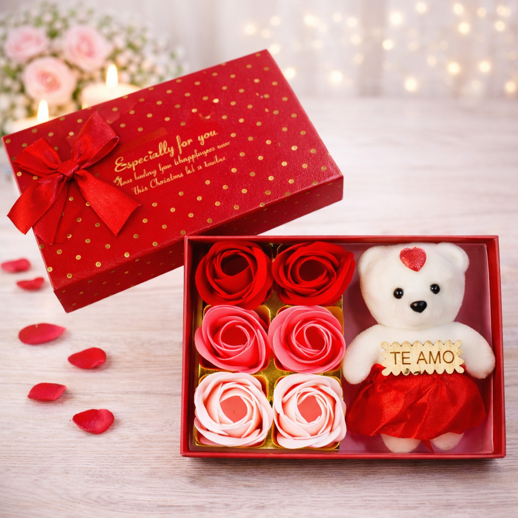 Троянди мильні в подарунковій картонній коробці 6 шт. з ведмедиком Червоний (06-F-7750-r)