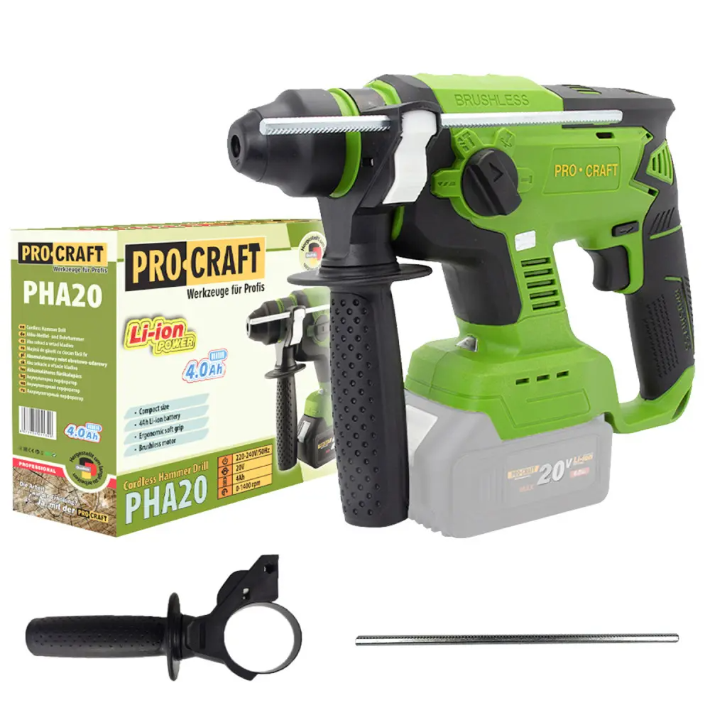 Перфоратор акумуляторний безщітковий ProCraft PHA20 без акумулятора та без зарядного пристрою з додатковою рукояткою