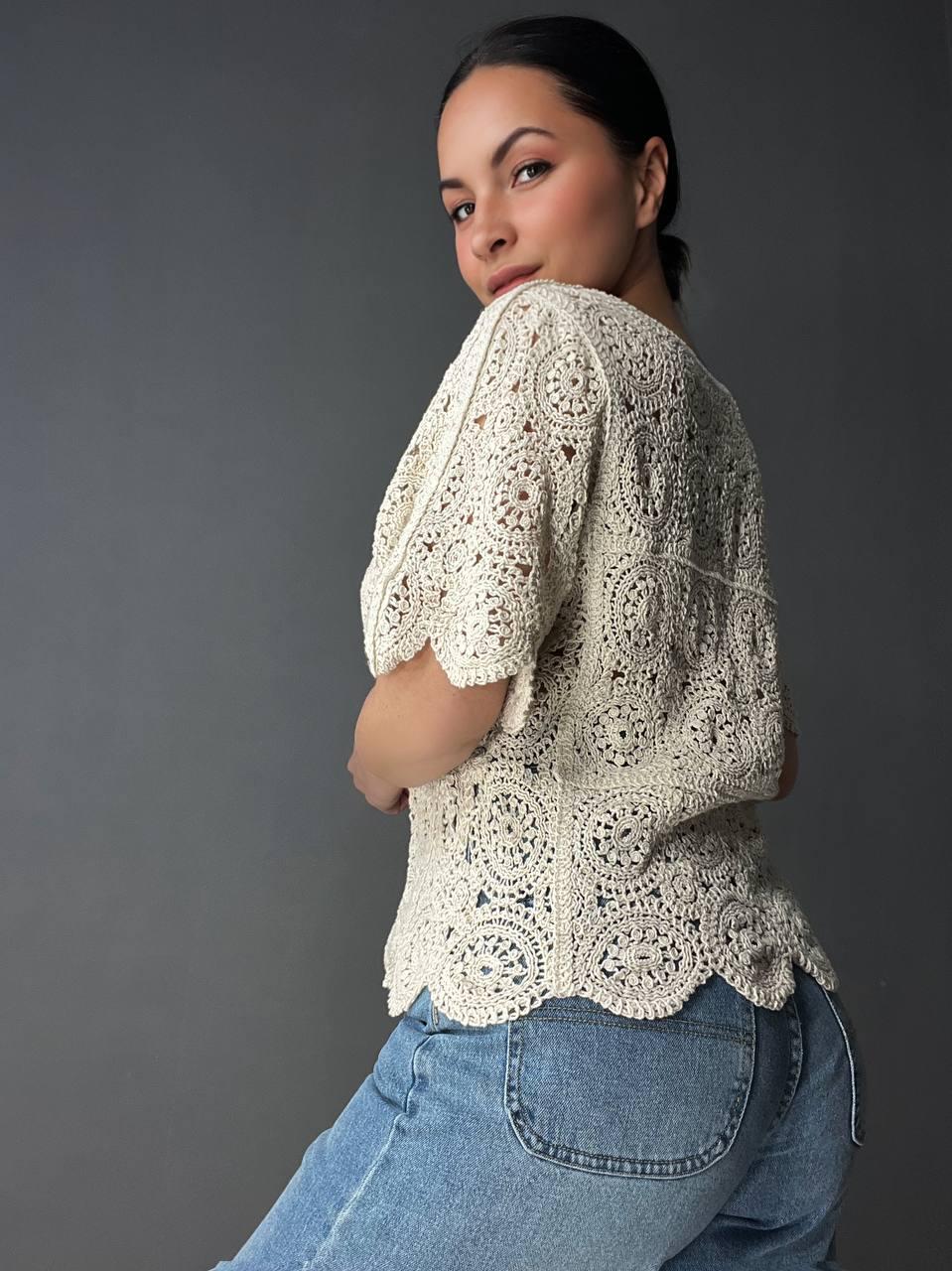 Блузка жіноча A-N 5303 мереживна в’язана з коротким рукавом OS Бежевий (26404724) - фото 5