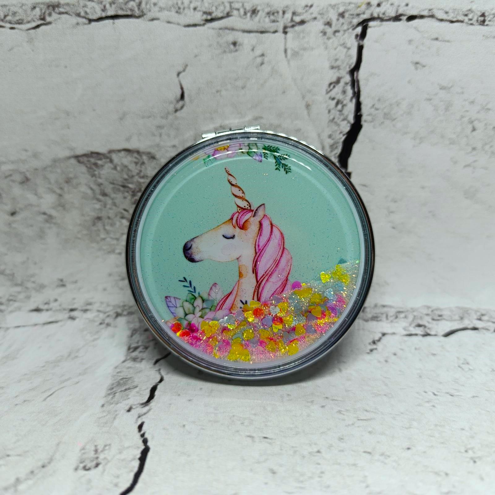 Зеркало карманное косметическое Единорог жидкие блестки 7х7 см (А20-8)