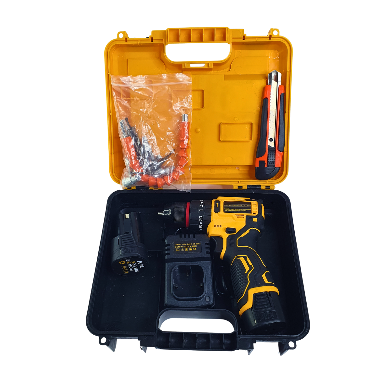 Шуруповерт ударный аккумуляторный 24V с набором инструмента в кейсе Черный/Желтый (KMN-654)