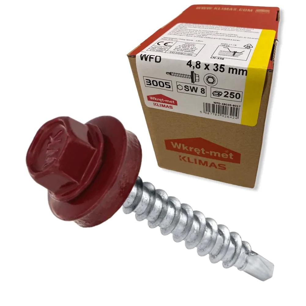Саморіз покрівельний по дереву Klimas Wkret-Met RAL 3005 4,8x35 мм 250 шт. - фото 1 Саморіз покрівельний по дереву Klimas Wkret-Met RAL 3005 4,8x35 мм 250 шт. - фото 1