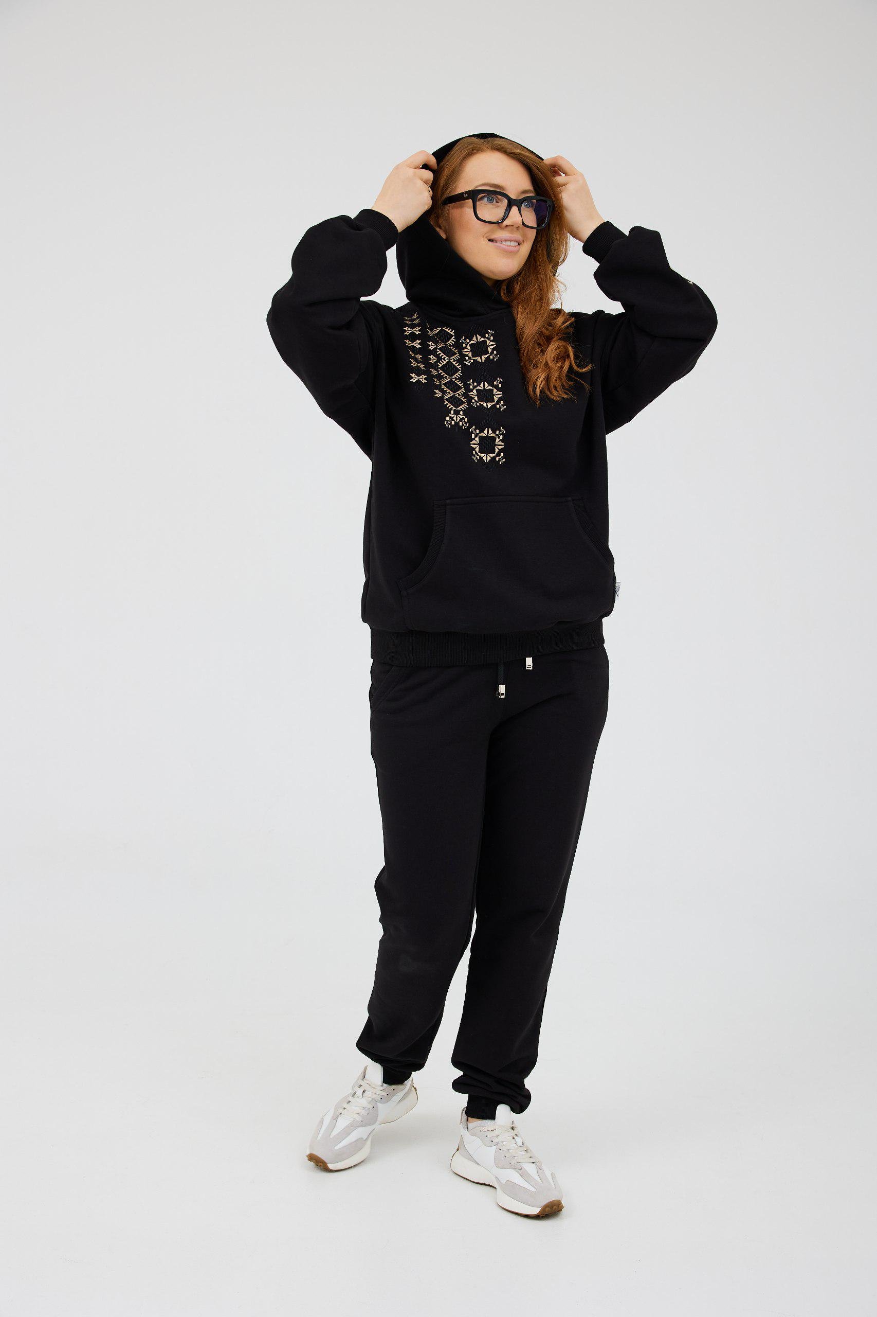 Прогулянковий костюм жіночий Lookeriya з вишивкою Полтавські ромби худі та джогери тринитка S Чорний (31826584)