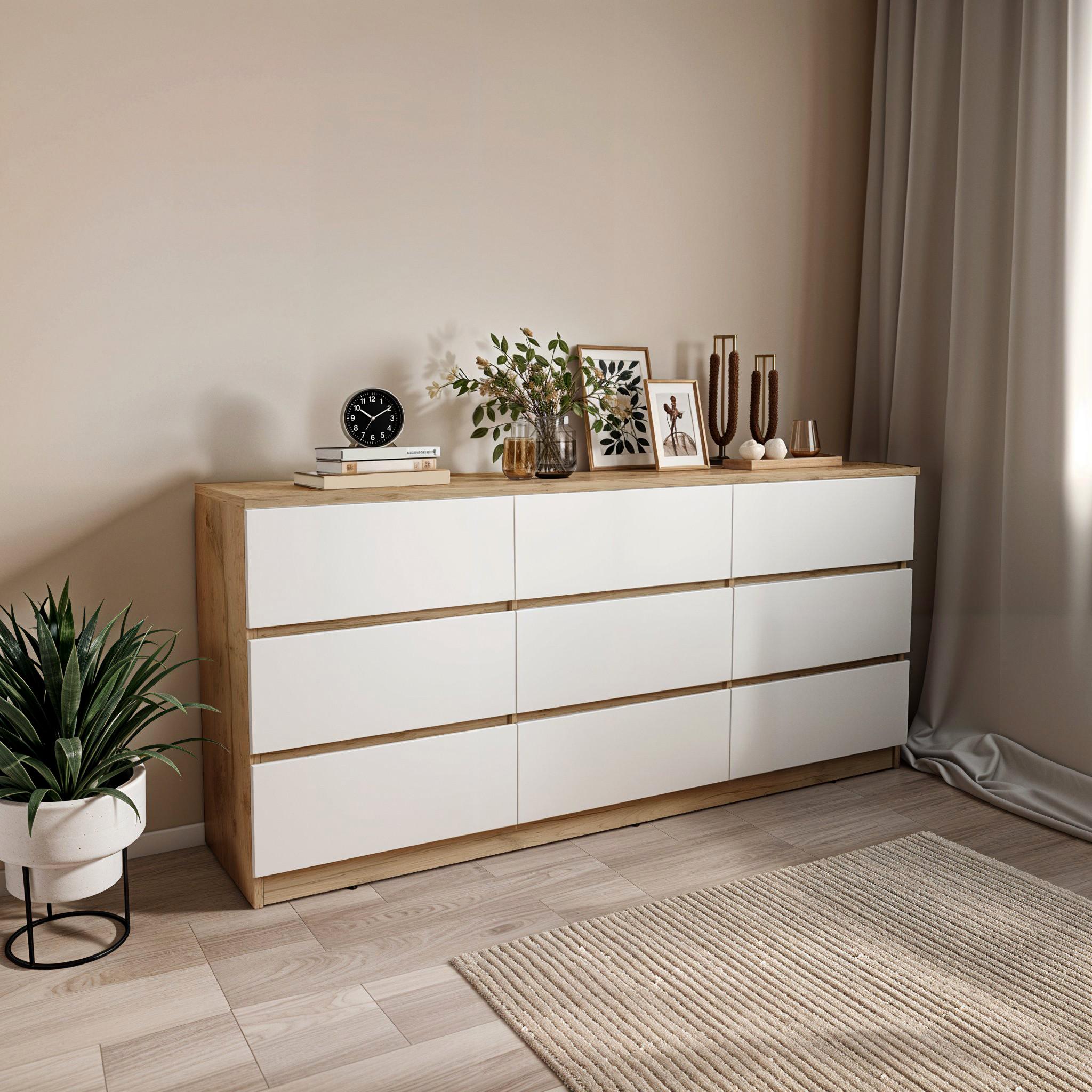 Комод на 9 ящиков без ручек Afina 1600х370х750 мм Дуб Аппалачи/Белый
