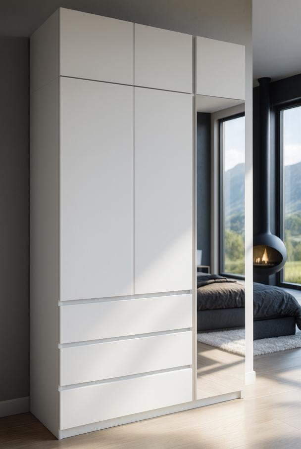 Шкаф с антресолью и зеркалом Мастер Форм Брайт правосторонний 1200х520х2400 мм Белый (32380) Шкаф с антресолью и зеркалом Мастер Форм Брайт правосторонний 1200х520х2400 мм Белый (32380)