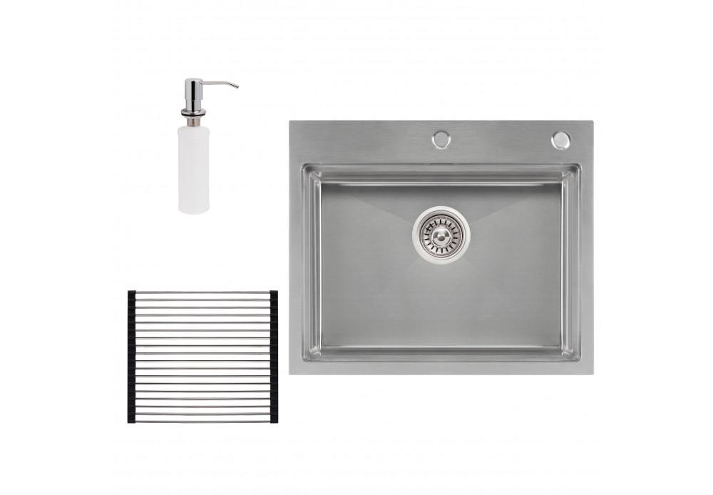 Набор 3 в 1 кухонная мойка Q-tap DH6050 3/1,2 мм Satin с сушилкой и дозатором для моющего средства