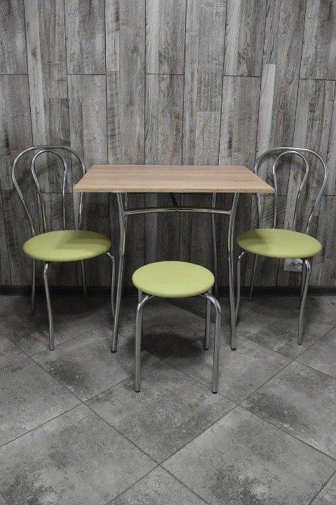 Кухонний комплект Tulipan Тріо стіл/стільці 2 шт./табурет в хром-корпусі 60х80х75 см Сонома/Салатовий (28374343)