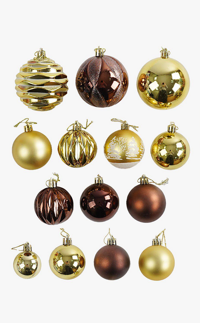Набор новогодних украшений 34 шарика на елку разной текстуры Золотой/Коричневый (160785) Набор новогодних украшений 34 шарика на елку разной текстуры Золотой/Коричневый (160785)