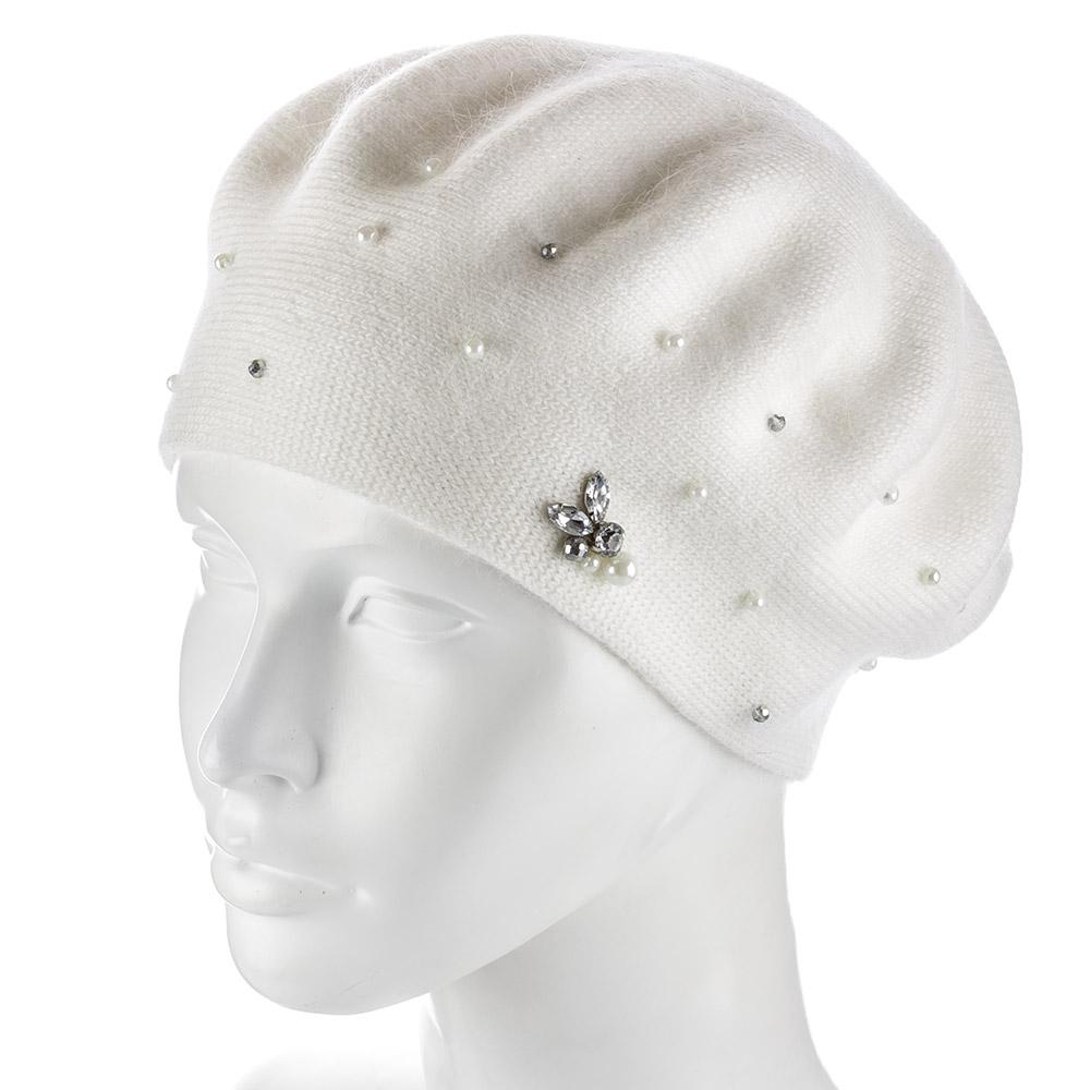 Берет женский Actrics WH767 из ангоры двойной с бусинами L/57-58 Белый