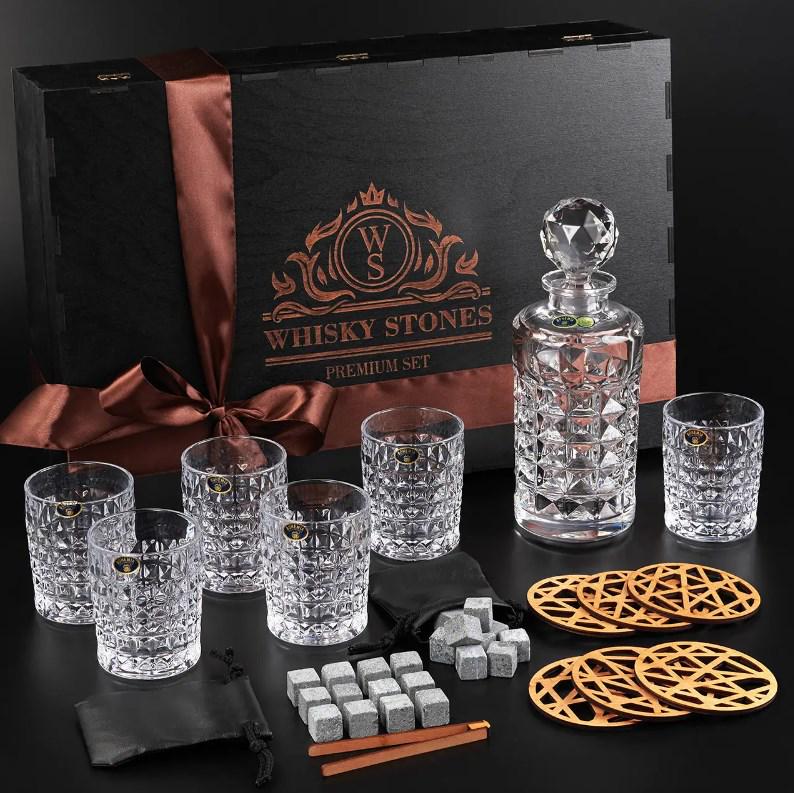 Подарочный набор для алкоголя камни для виски Whiskey Stones 24 шт./6 хрустальных стаканов Bohemia Diamond 280 мл и графин 650 мл - фото 2