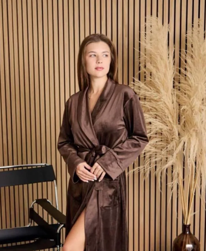 Халат женский длинный велюровый на запах 3XL Коричневый (X-0009-3XL)