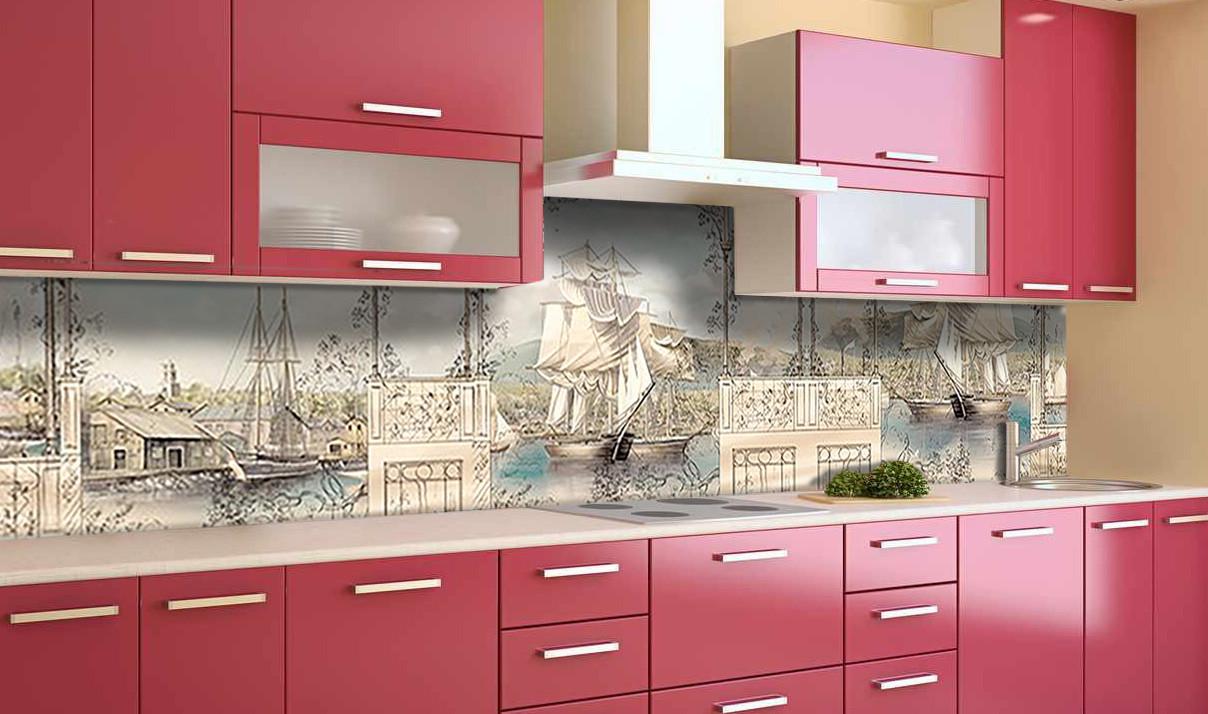 Кухонный фартук Старинный порт корабли винтаж из самоклеющейся виниловой пленки 60х300 см Бежевый